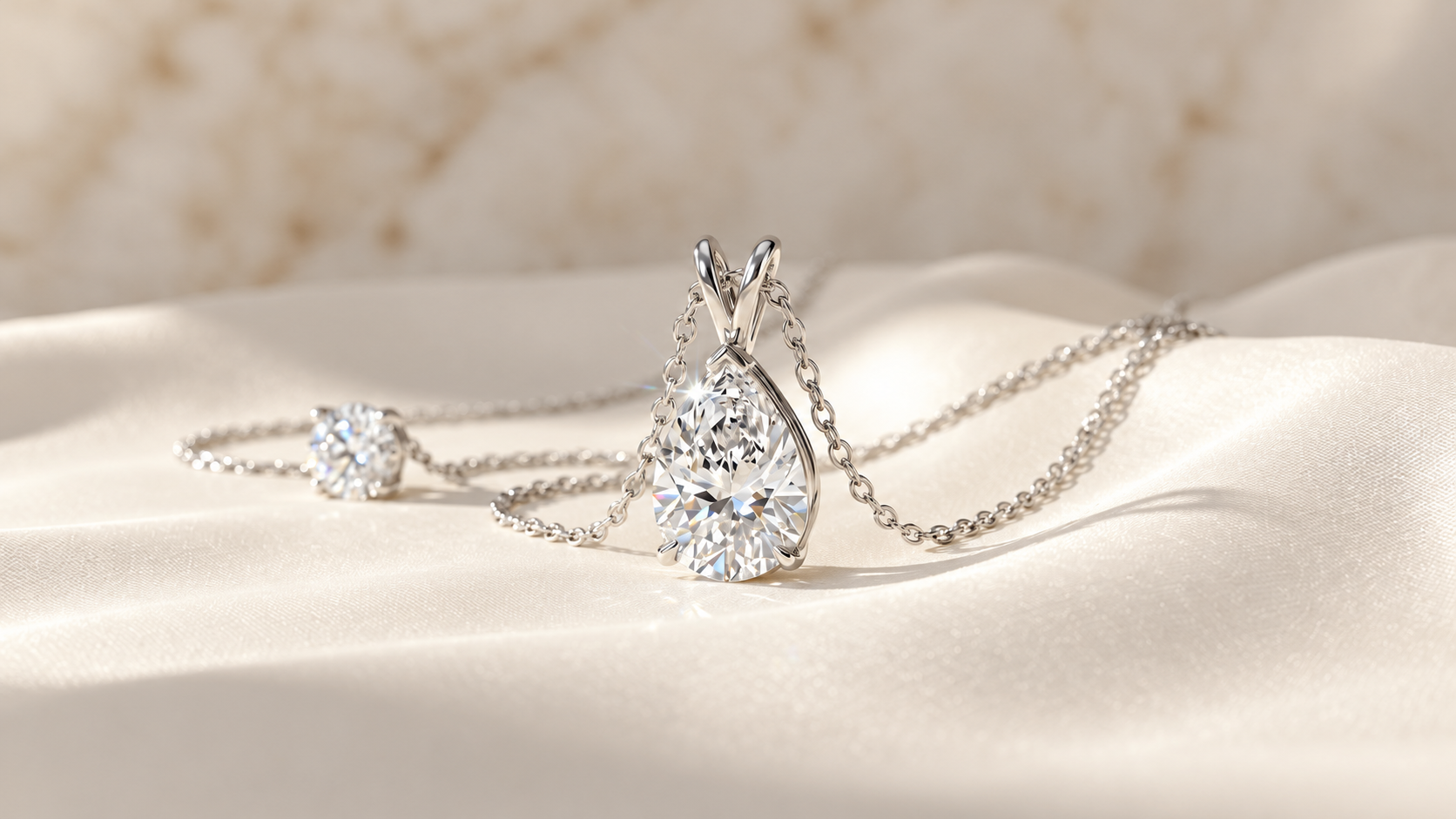 Pear-shaped diamond pendant and silver chain on ivory fabric