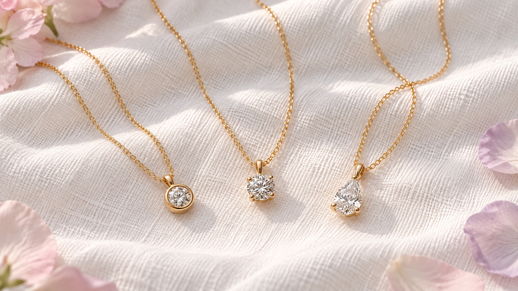 Three diamond pendants on gold chains resting on white fabric with pink petals