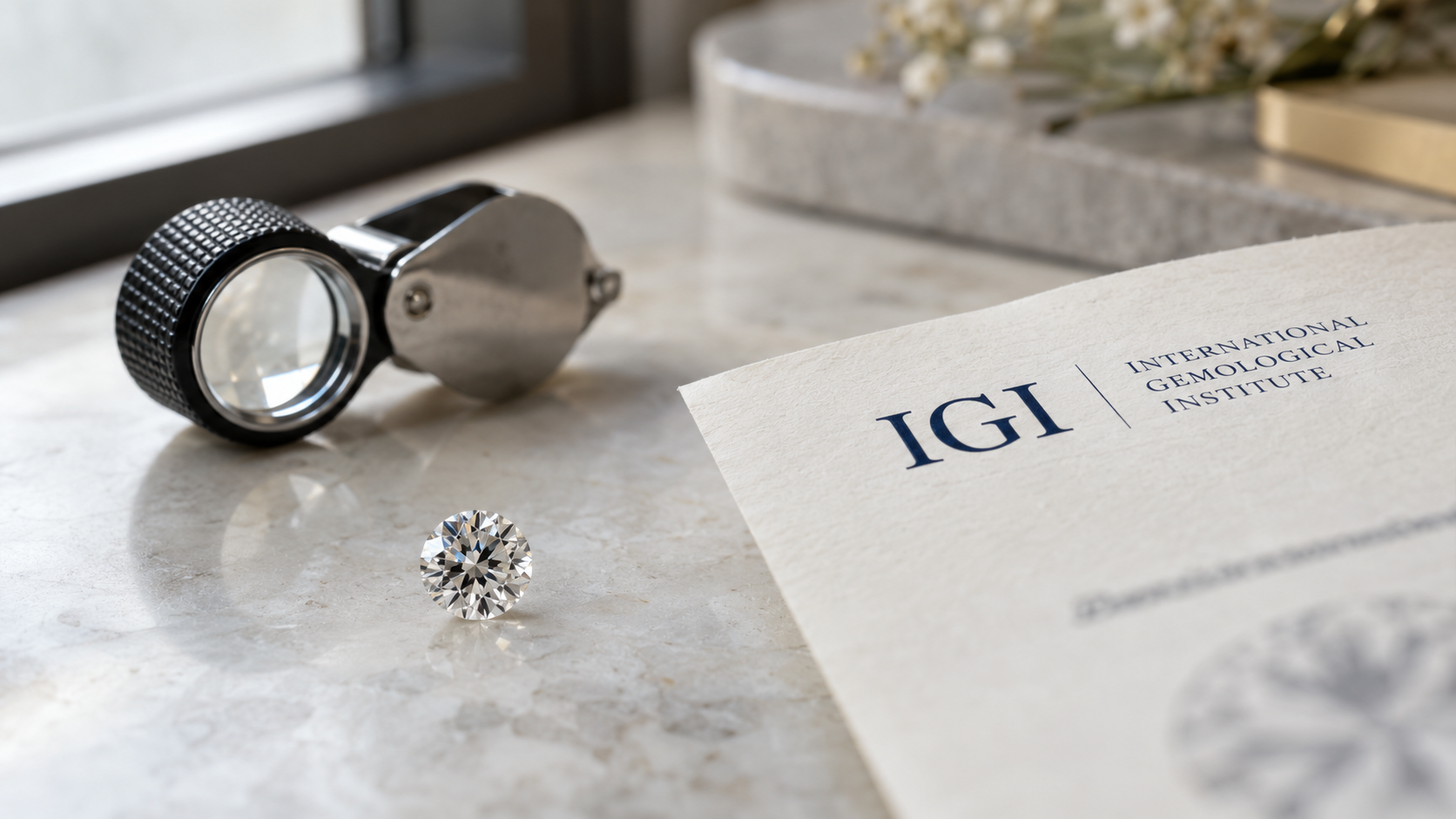 A round diamond and jeweller’s loupe beside an IGI grading document