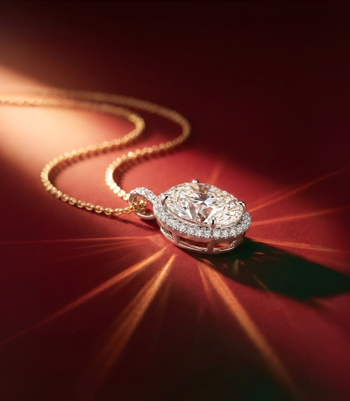 Round diamond halo pendant on a gold chain against a red background