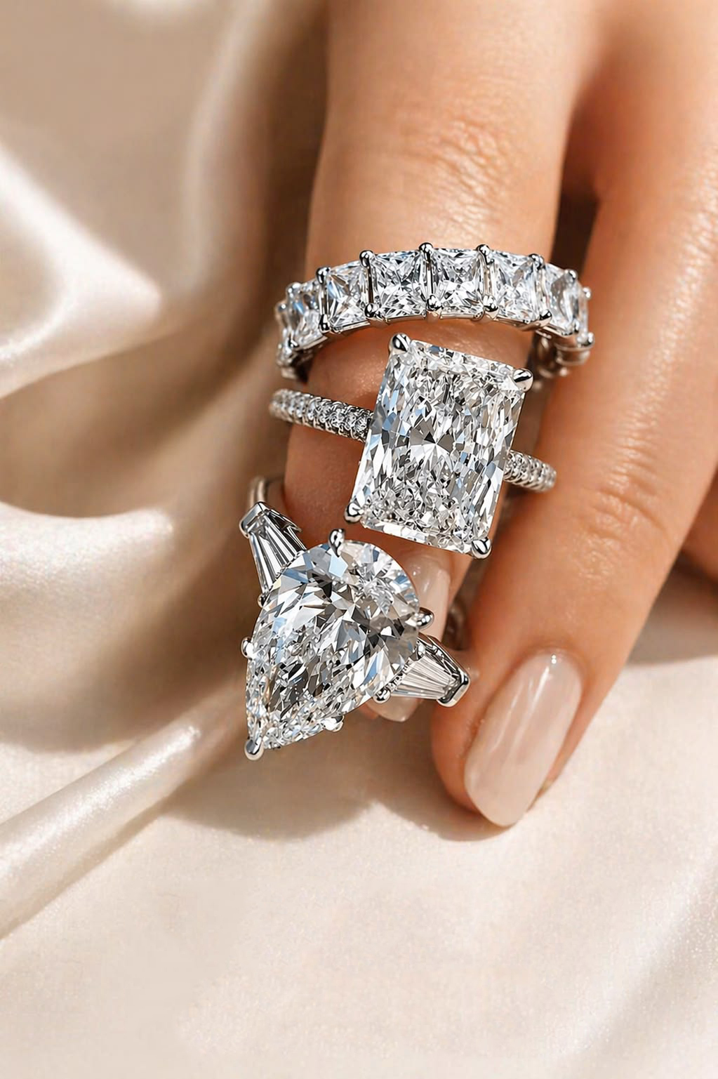 Three diamond rings with square, rectangular and pear-shaped stones worn together